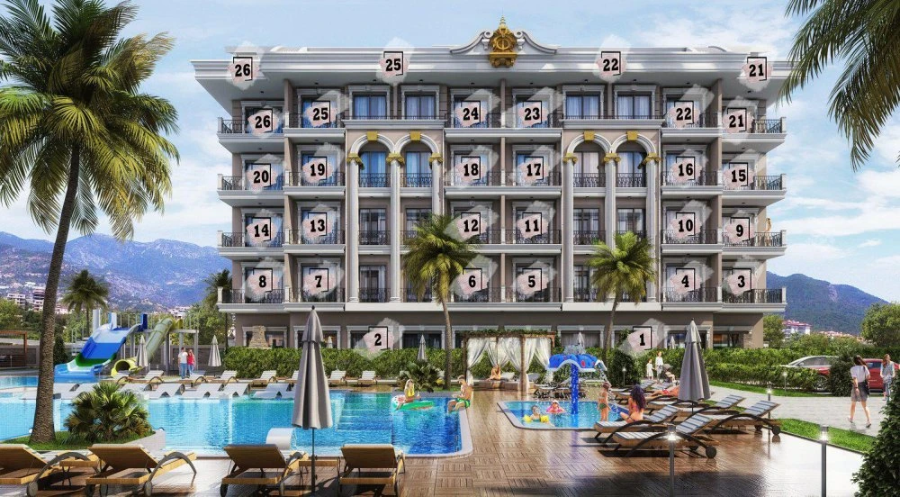 Новая резиденция с бассейном, теннисным кортом и полем для мини-гольфа недалеко от моря и центра города, Оба, Турция