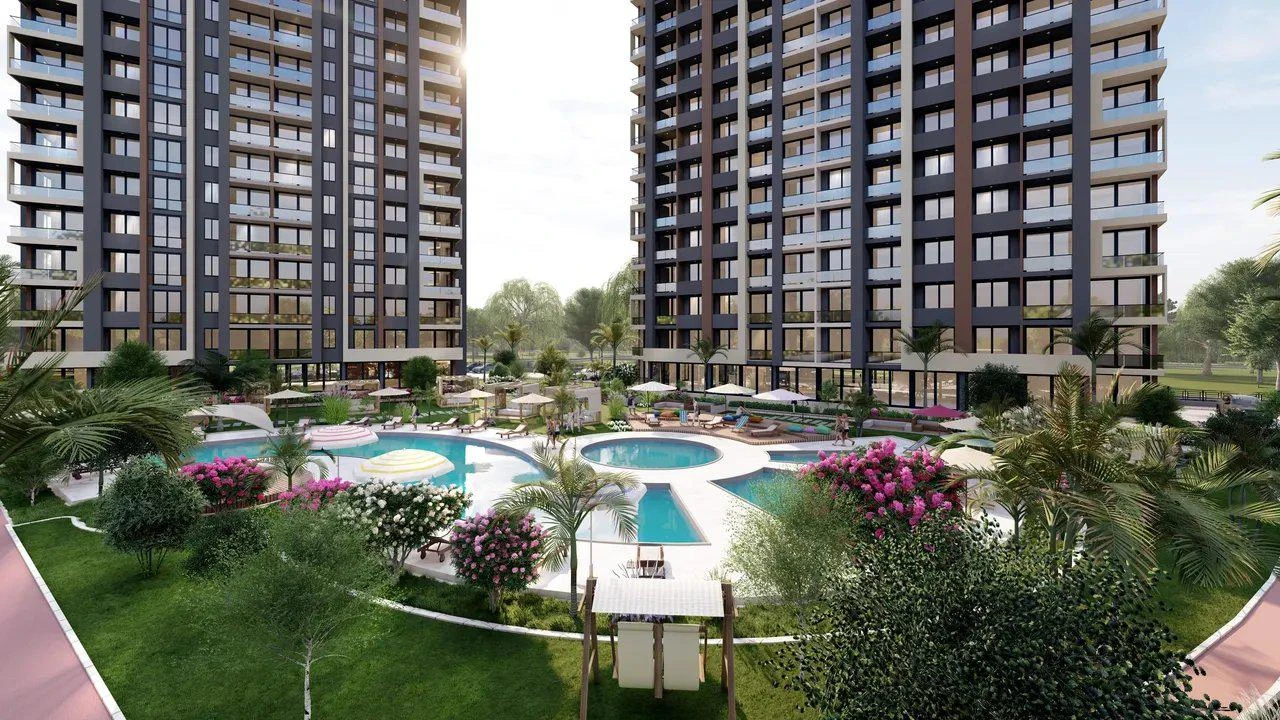 Жилой комплекс с беседками, сауной и бассейном, 2 минуты до пляжа, Эрдемли, Мерсин, Турция