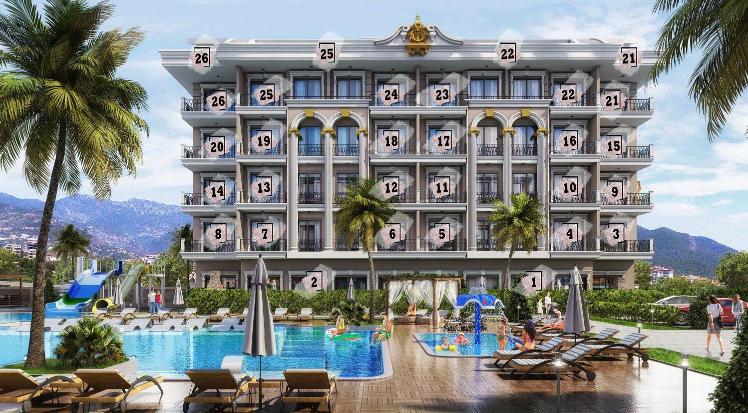 Новая резиденция с бассейном, теннисным кортом и полем для мини-гольфа недалеко от моря и центра города, Оба, Турция