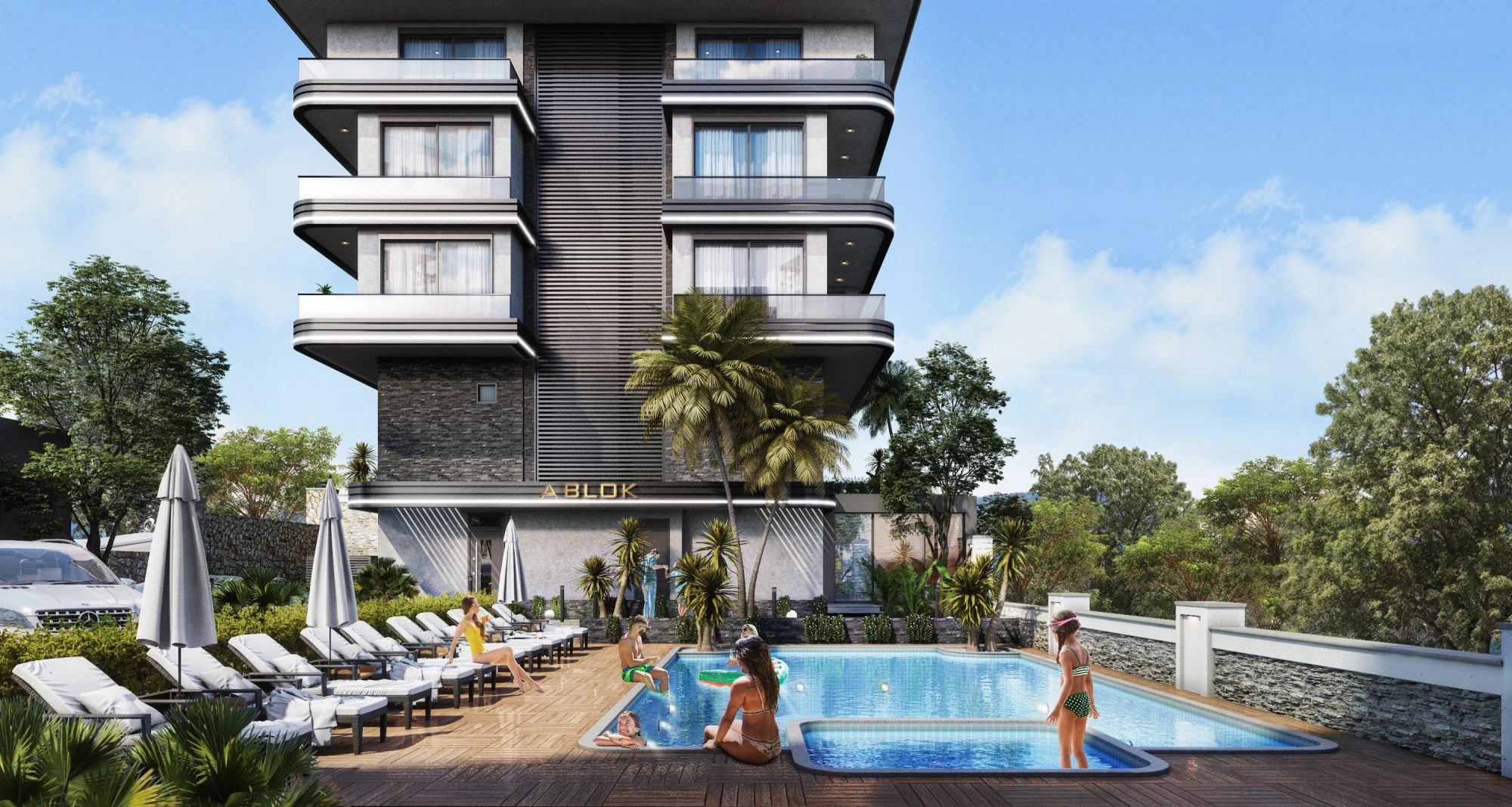 Новая охраняемая резиденция с бассейном в 900 метрах от моря, Оба, Турция